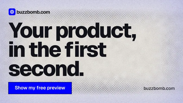 Landscape graphic for BuzzBomb: "Your product, in the first second." Ink sticker style, poster layout, light palette in grey, white, blue.