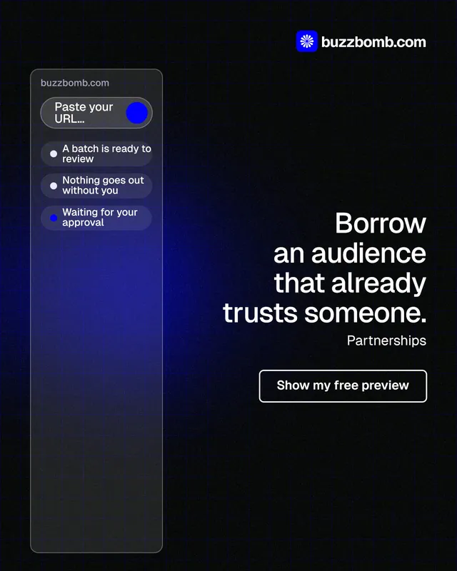 Instagram portrait post for BuzzBomb: "Borrow an audience that already trusts someone." Phosphor atlas style, right layout, dark palette in black, blue.