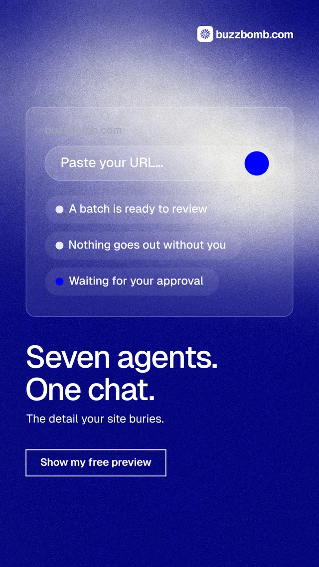 Instagram story for BuzzBomb: "Seven agents. One chat." Cyanotype style, bottom layout, dark palette in blue.