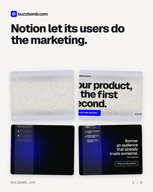 Carousel for BuzzBomb: "Notion let its users do the marketing.". Collection carousel, 8 slides, light palette.