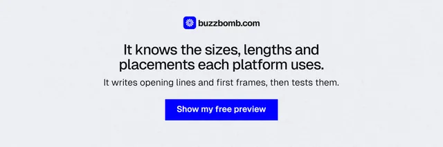 X header for BuzzBomb: "It knows the sizes, lengths and placements each platform uses." Swiss style, centred layout, light palette in white, blue.
