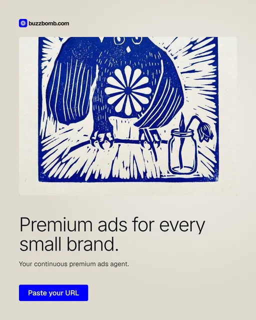 Video for BuzzBomb: "Premium ads for every small brand.". Doc motion loop, 7.0 s, light palette.