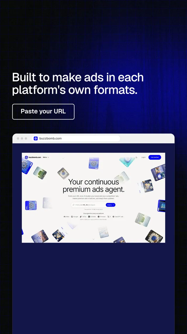 Instagram story for BuzzBomb: "Built to make ads in each platform's own formats." Phosphor atlas style, browser layout, dark palette in blue, black, white.