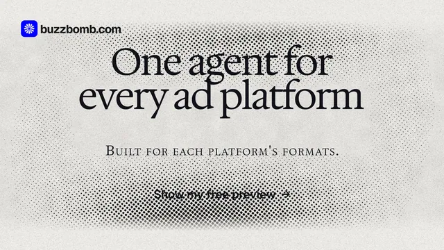 Landscape graphic for BuzzBomb: "One agent for every ad platform". Ink sticker style, smallcaps layout, light palette in white, grey.