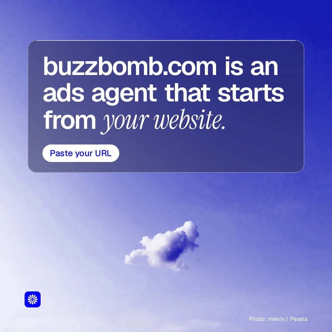 Instagram post for BuzzBomb: "buzzbomb.com is an ads agent that starts from your website." Glass style, technique:pexels ingredient layout, light palette in blue.