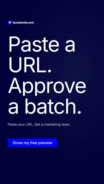 Video for BuzzBomb: "Paste a URL. Approve a batch.". Doc motion loop, 8.0 s, dark palette.