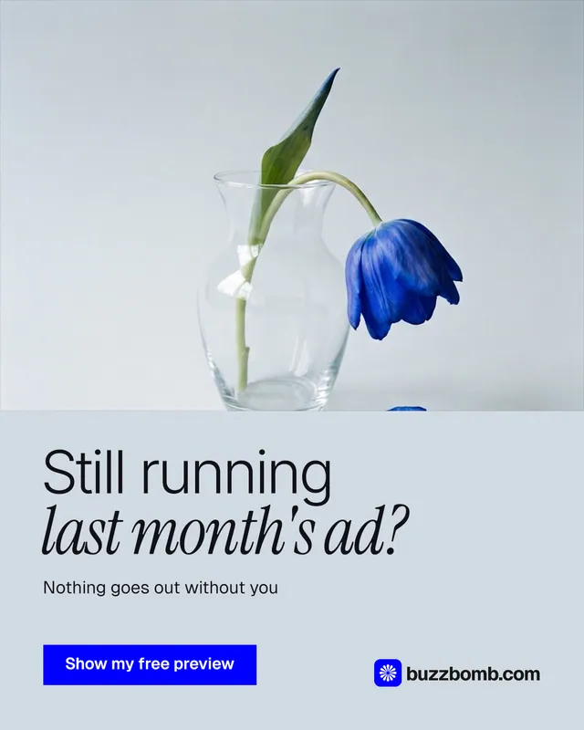 Instagram portrait post for BuzzBomb: "Still running last month's ad?" Swiss style, bottom layout, light palette in white, blue.