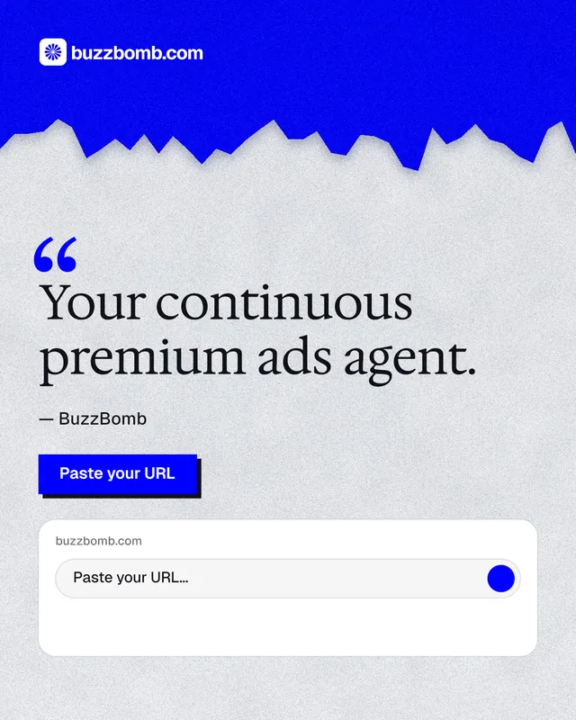Instagram portrait post for BuzzBomb: "Your continuous premium ads agent." Paper trio style, quote layout, light palette in white, blue, grey.