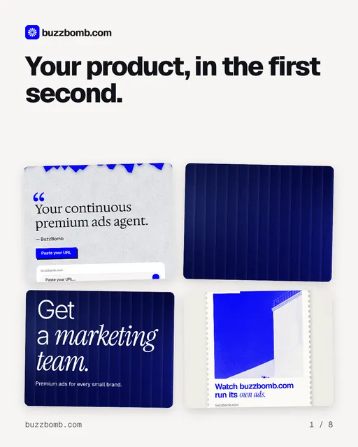 Carousel for BuzzBomb: "Your product, in the first second.". Collection carousel, 8 slides, light palette.