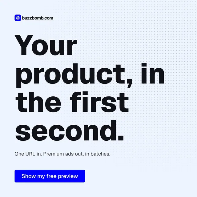 Video for BuzzBomb: "Your product, in the first second.". Doc motion loop, 6.0 s, light palette.