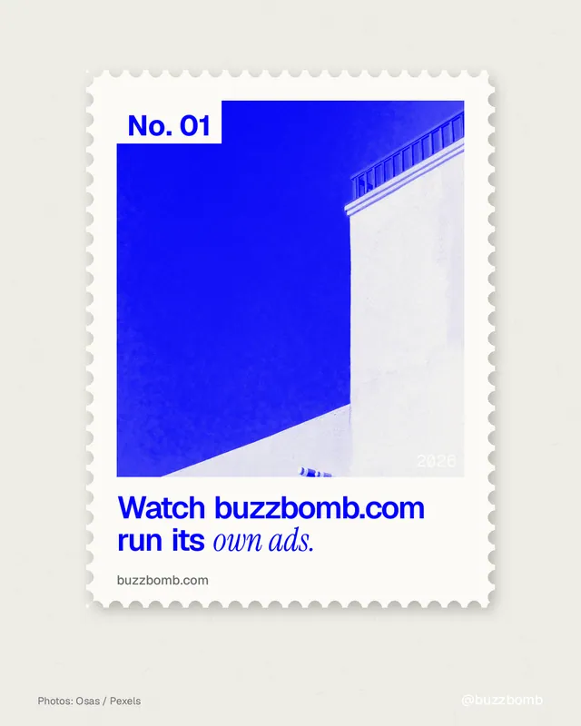 Instagram portrait post for BuzzBomb: "Watch buzzbomb.com run its own ads." Single style, technique:stamp series layout, light palette in yellow, blue, white.