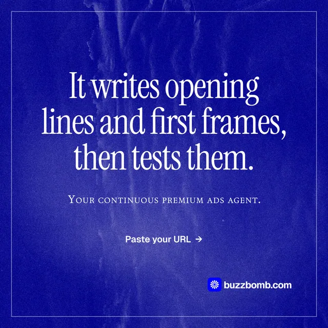 Instagram post for BuzzBomb: "It writes opening lines and first frames, then tests them." Editorial style, smallcaps layout, dark palette in blue.