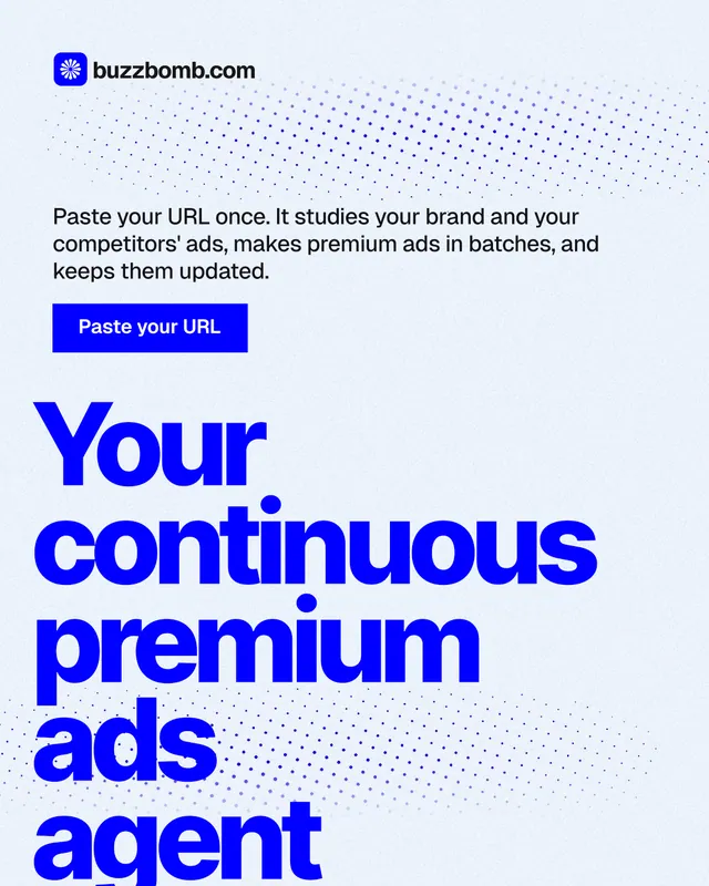 Instagram portrait post for BuzzBomb: "Your continuous premium ads agent." Swiss style, oversized layout, light palette in white, blue.