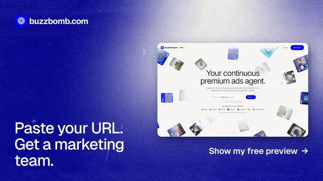 Landscape graphic for BuzzBomb: "Paste your URL. Get a marketing team." Cyanotype style, image led layout, light palette in blue, white.