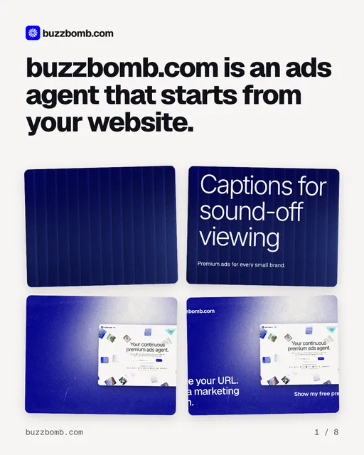 Carousel for BuzzBomb: "buzzbomb.com is an ads agent that starts from your website.". Collection carousel, 8 slides, light palette.