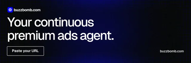 X header for BuzzBomb: "Your continuous premium ads agent." Phosphor atlas style, poster layout, dark palette in black, grey.