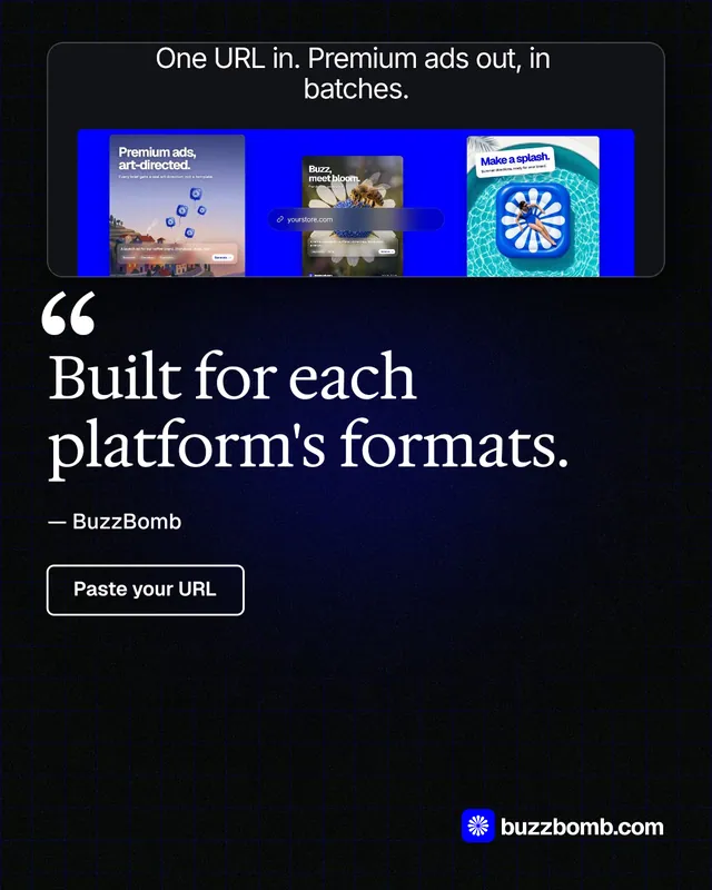 Instagram portrait post for BuzzBomb: "Built for each platform's formats." Phosphor atlas style, quote layout, dark palette in black, grey, blue.