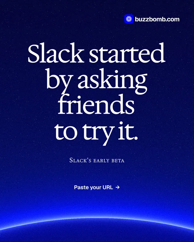 Instagram portrait post for BuzzBomb: "Slack started by asking friends to try it." Swiss style, smallcaps layout, dark palette in blue.