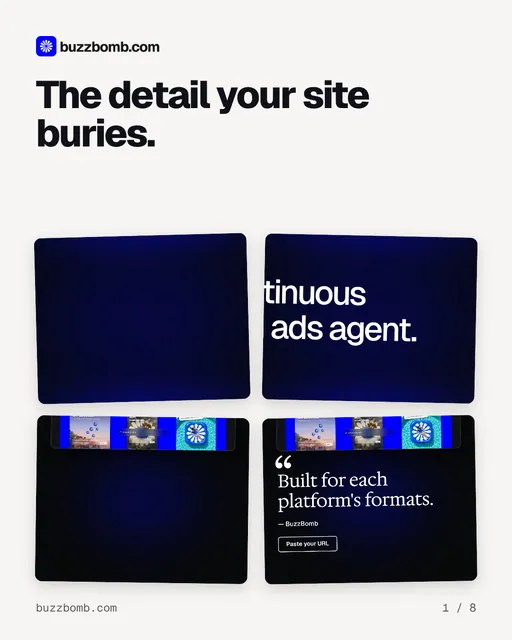 Carousel for BuzzBomb: "The detail your site buries.". Collection carousel, 8 slides, light palette.