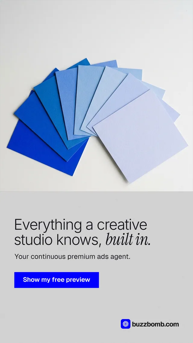 Instagram story for BuzzBomb: "Everything a creative studio knows, built in." Swiss style, bottom layout, light palette in white, blue.