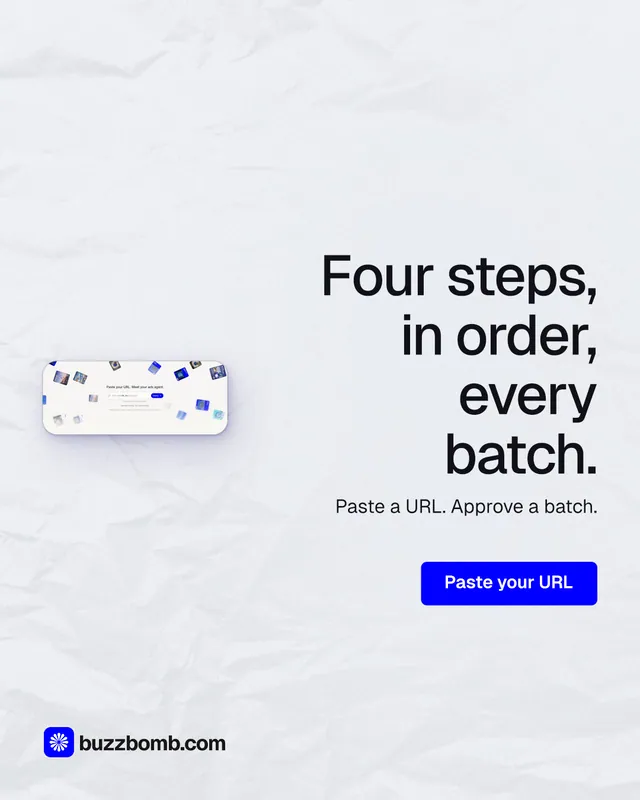 Instagram portrait post for BuzzBomb: "Four steps, in order, every batch." Data card style, right layout, light palette in white, blue.