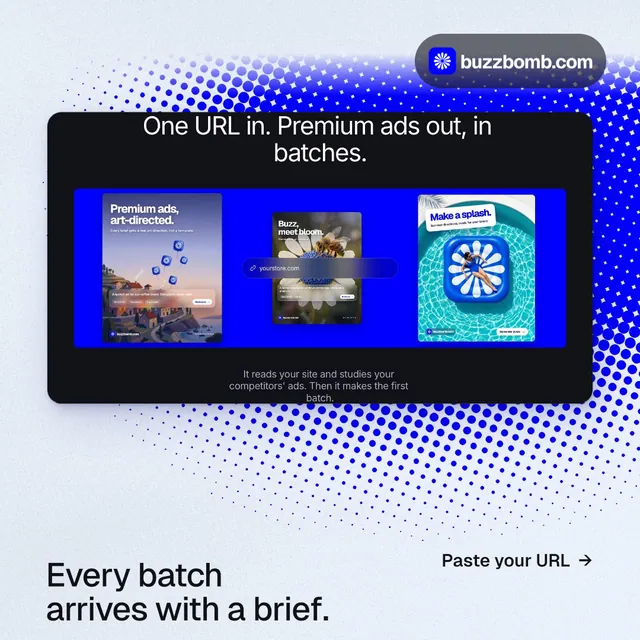 Instagram post for BuzzBomb: "Every batch arrives with a brief." Swiss style, image led layout, light palette in blue, white.