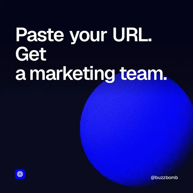 Video for BuzzBomb: "Paste your URL. Get a marketing team.". Shader loop, 6.0 s, dark palette.
