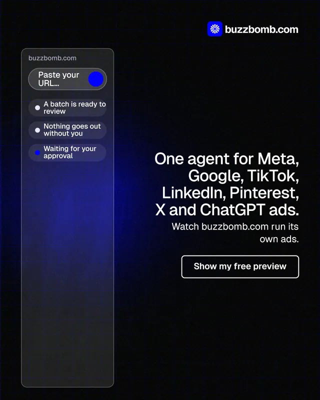 Instagram portrait post for BuzzBomb: "One agent for Meta, Google, TikTok, LinkedIn, Pinterest, X and ChatGPT ads." Phosphor atlas style, right layout, dark palette in black, blue, grey.