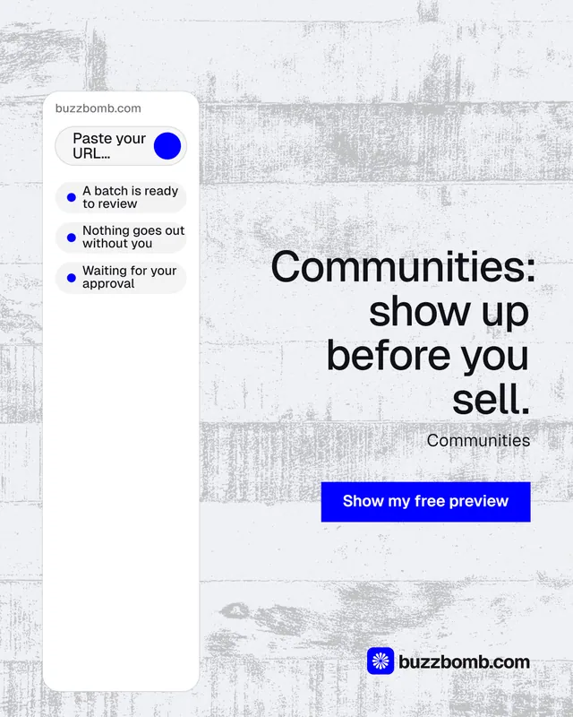 Instagram portrait post for BuzzBomb: "Communities: show up before you sell." Swiss style, right layout, light palette in white, blue.