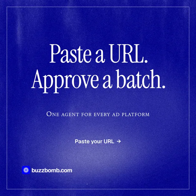 Instagram post for BuzzBomb: "Paste a URL. Approve a batch." Editorial style, smallcaps layout, dark palette in blue.