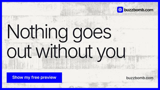 Landscape graphic for BuzzBomb: "Nothing goes out without you". Swiss style, poster layout, light palette in white, blue.