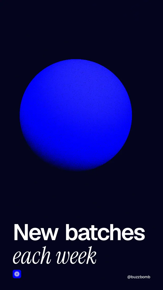 Instagram story for BuzzBomb: "New batches each week". Auto 9x16 style, technique:shader field layout, dark palette in black, blue.