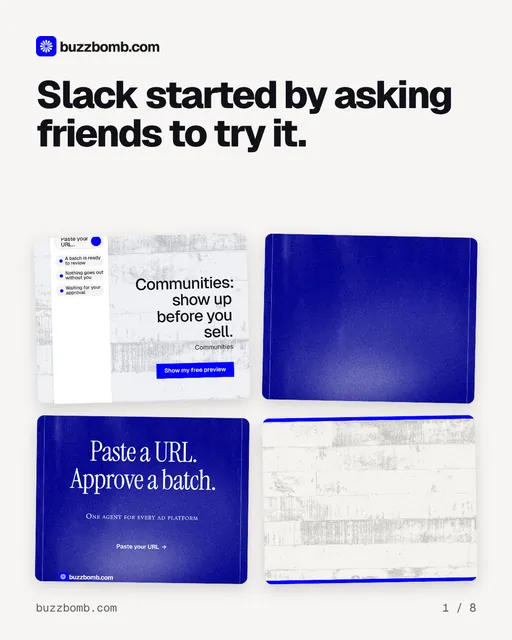 Carousel for BuzzBomb: "Slack started by asking friends to try it.". Collection carousel, 8 slides, light palette.