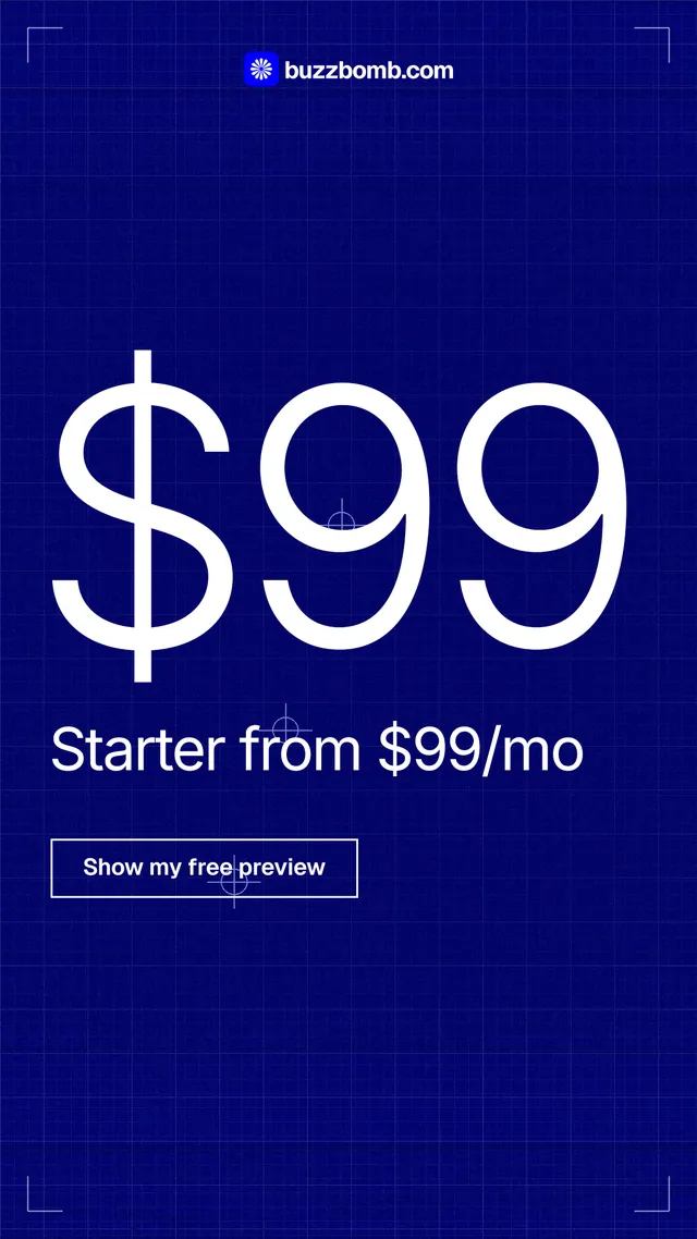 Instagram story for BuzzBomb: "Your continuous premium ads agent." Blueprint style, stat layout, dark palette in blue.