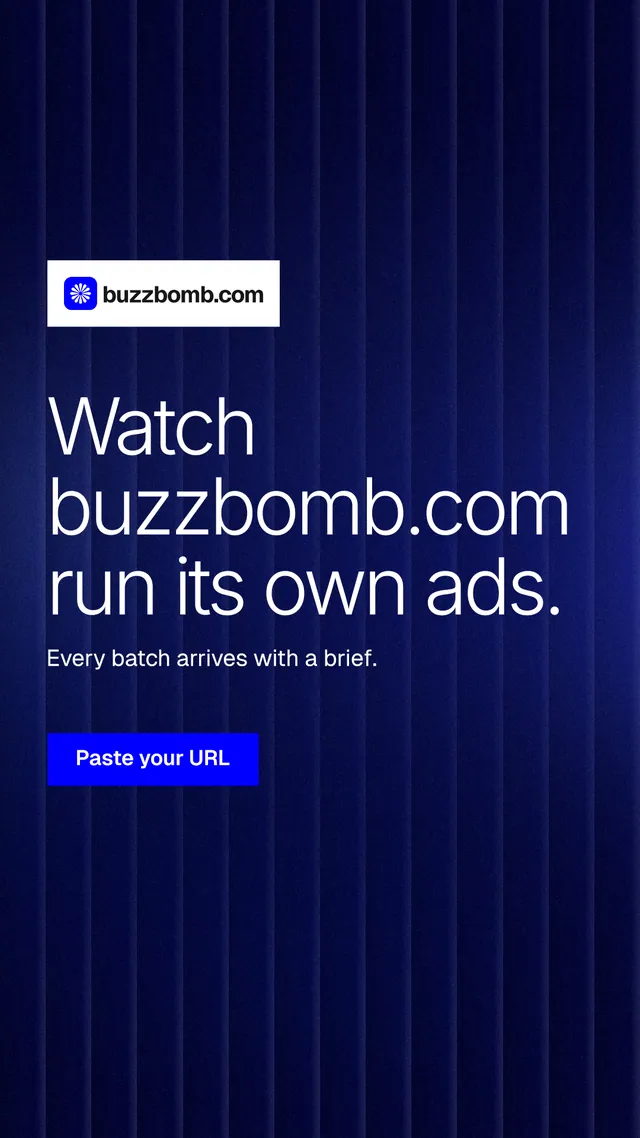 Instagram story for BuzzBomb: "Watch buzzbomb.com run its own ads." Swiss style, announce layout, dark palette in black, blue.