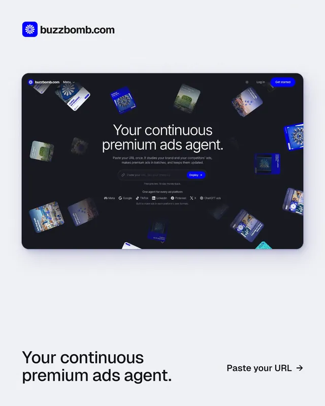 Instagram portrait post for BuzzBomb: "Your continuous premium ads agent." Data card style, image led layout, light palette in black, white, grey.
