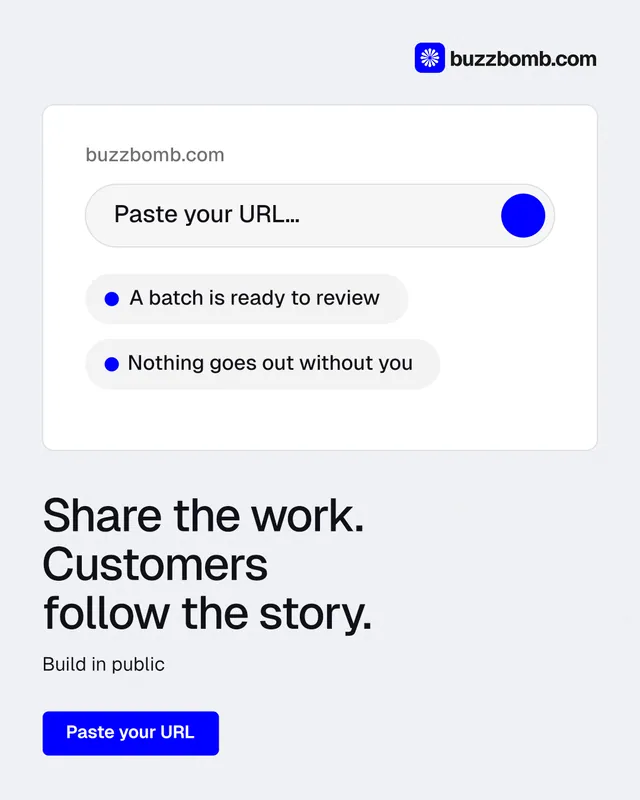 Instagram portrait post for BuzzBomb: "Share the work. Customers follow the story." Data card style, bottom layout, light palette in white, blue.