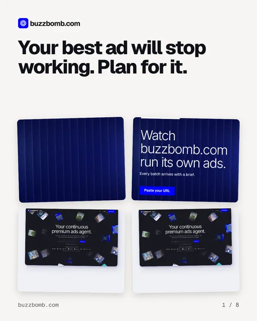 Carousel for BuzzBomb: "Your best ad will stop working. Plan for it.". Collection carousel, 8 slides, light palette.