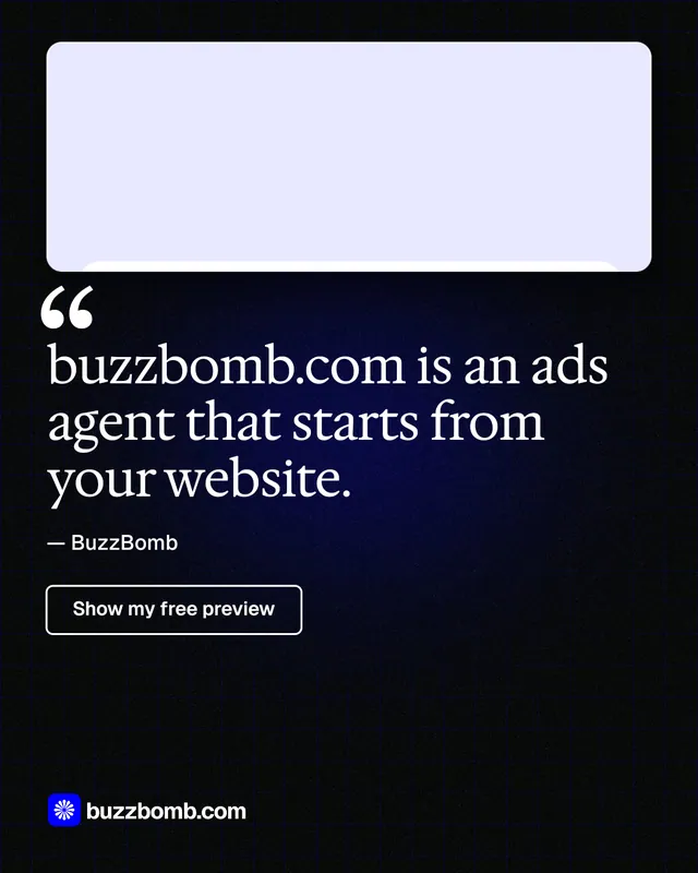 Instagram portrait post for BuzzBomb: "buzzbomb.com is an ads agent that starts from your website." Phosphor atlas style, quote layout, dark palette in black, white, grey.