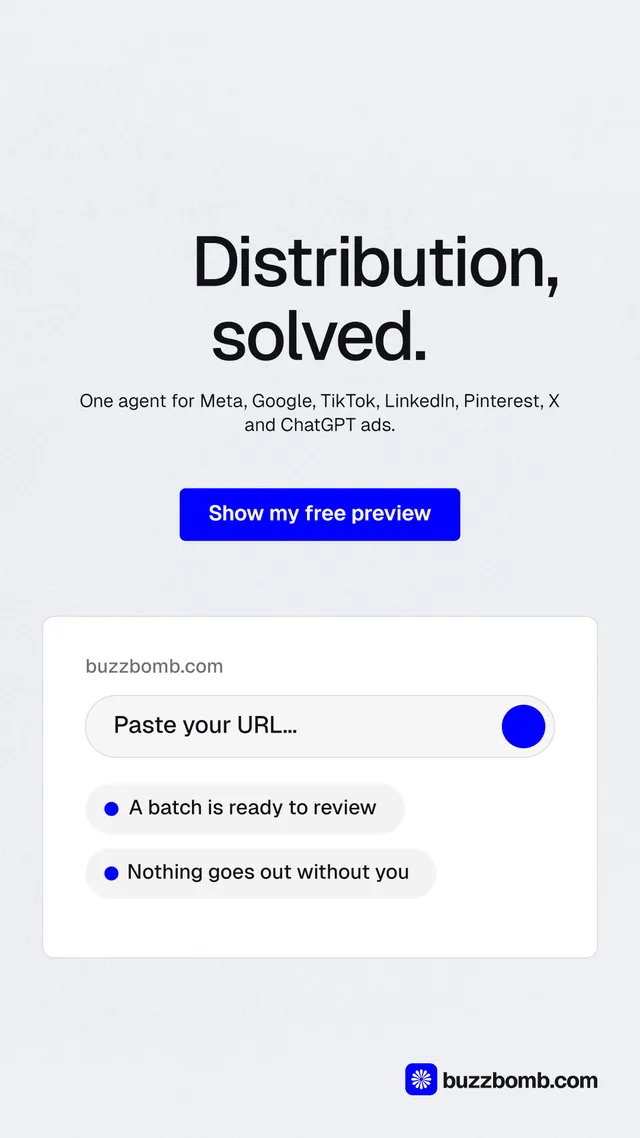 Instagram story for BuzzBomb: "Distribution, solved." Data card style, centred layout, light palette in white, blue.