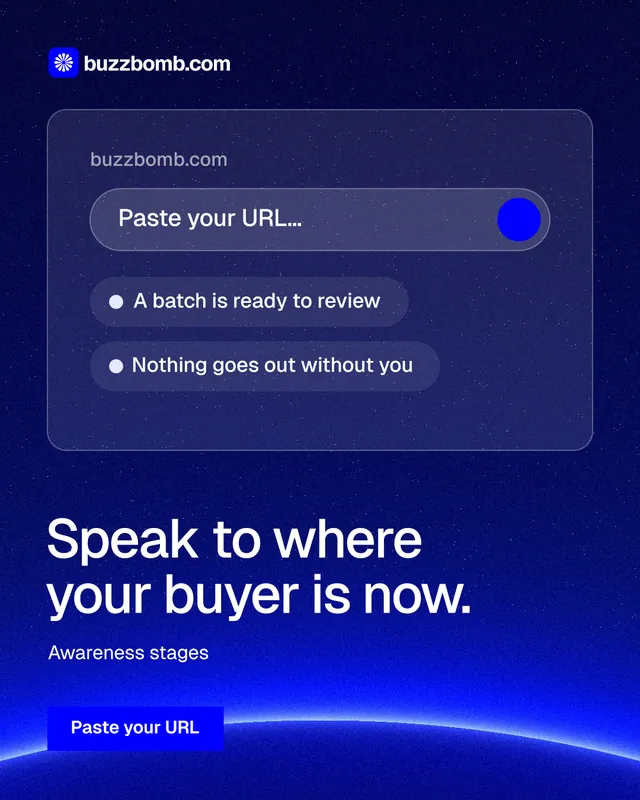 Instagram portrait post for BuzzBomb: "Speak to where your buyer is now." Swiss style, bottom layout, dark palette in blue.