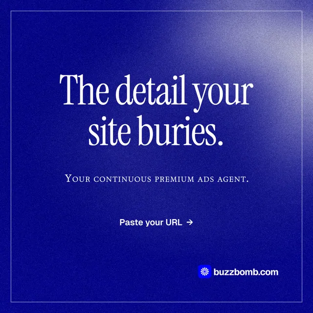 Instagram post for BuzzBomb: "The detail your site buries." Editorial style, smallcaps layout, dark palette in blue.