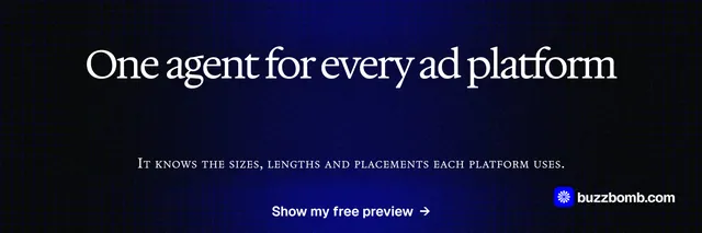 X header for BuzzBomb: "One agent for every ad platform". Phosphor atlas style, smallcaps layout, dark palette in black, blue, grey.