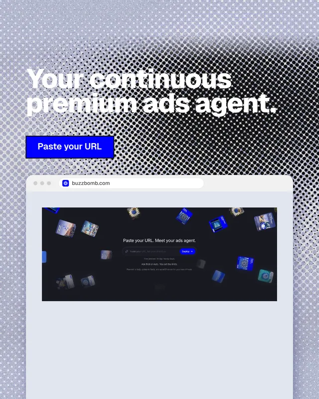 Instagram portrait post for BuzzBomb: "Your continuous premium ads agent." Ink sticker style, browser layout, light palette in blue, grey.