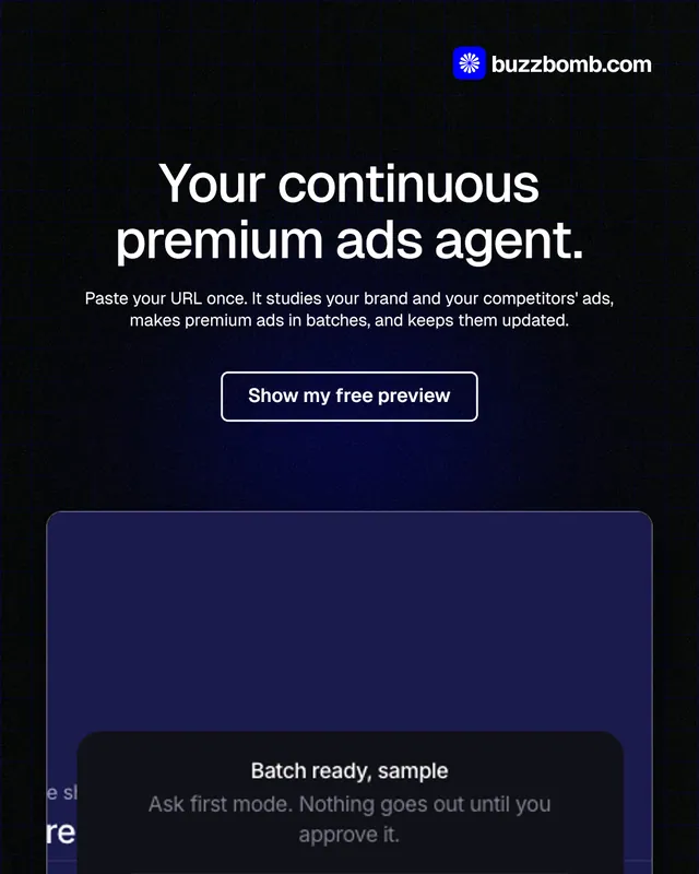 Instagram portrait post for BuzzBomb: "Your continuous premium ads agent." Phosphor atlas style, centred layout, dark palette in black, blue, grey.