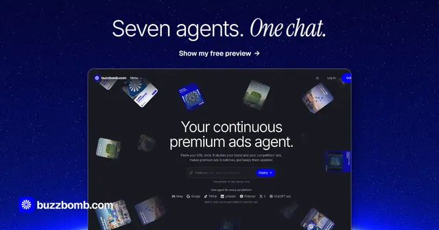 Social ad for BuzzBomb: "Seven agents. One chat." Swiss style, ogui layout, dark palette in black, blue, grey.