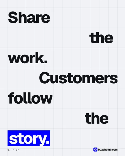 Video for BuzzBomb: "Share the work. Customers follow the story.". Kinetic type grid, 6.0 s, light palette.