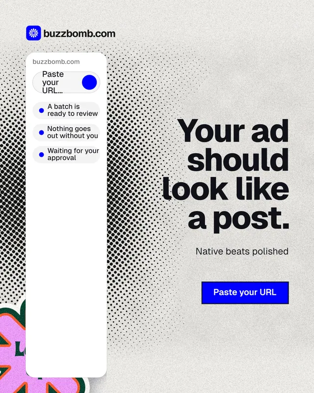 Instagram portrait post for BuzzBomb: "Your ad should look like a post." Ink sticker style, right layout, light palette in white, grey.