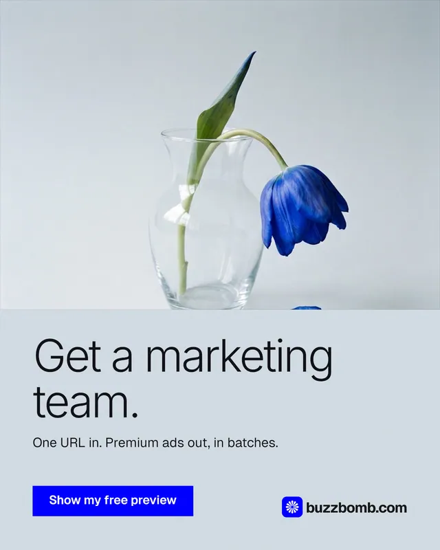 Instagram portrait post for BuzzBomb: "Get a marketing team." Swiss style, bottom layout, light palette in white, blue.