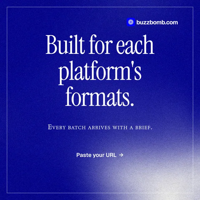 Instagram post for BuzzBomb: "Built for each platform's formats." Editorial style, smallcaps layout, dark palette in blue.